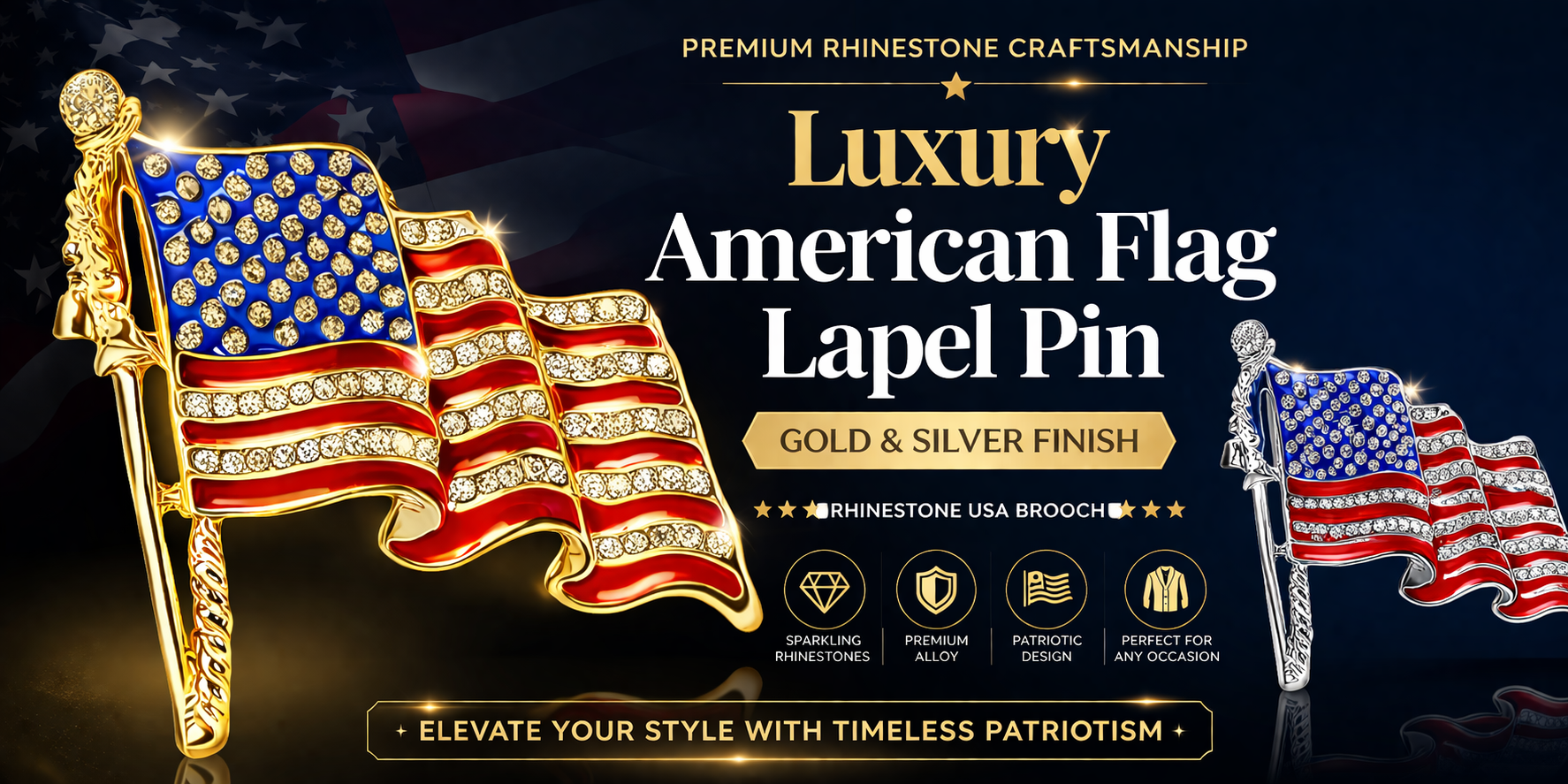Luxury American Flag Lapel Pin Gold – Rhinestone Patriotic Brooch