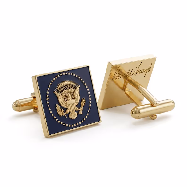 Donald Trump Signature Rectangular Cufflinks, 24K Gold-Plated Black Presidential Eagle Design - Image 2